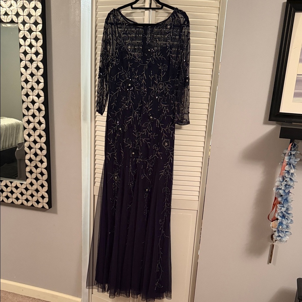 Adrianna Papell Midnight Navy Beaded Long Sleeve Evening Gown